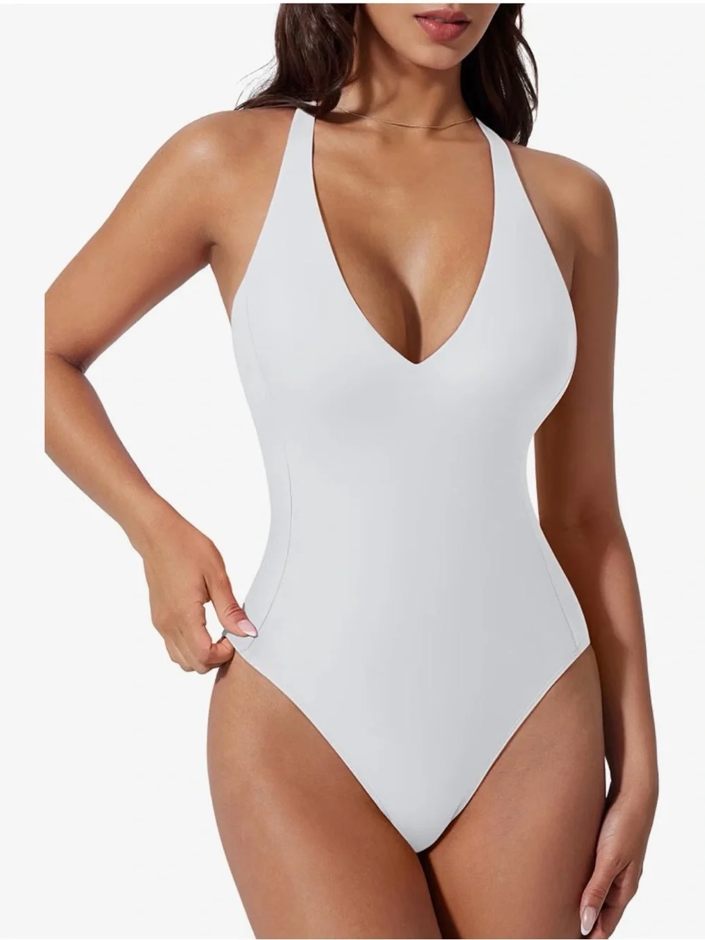 Deep V One‑Piece Swimsuit in White - Women's Swim